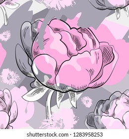 Vector seamless pattern with flowers and geometric shapes. Abstract pattern with peonies. 8