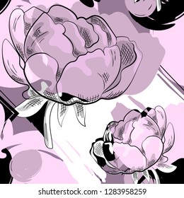 Vector seamless pattern with flowers and geometric shapes. Abstract pattern with peonies. 6