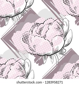Vector seamless pattern with flowers and geometric shapes. Abstract pattern with peonies. 3