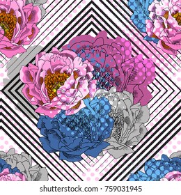 Vector seamless pattern with flowers and geometric figures E