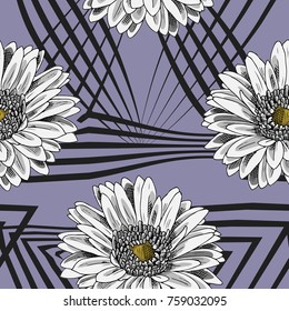 Vector seamless pattern with flowers and geometric figures U