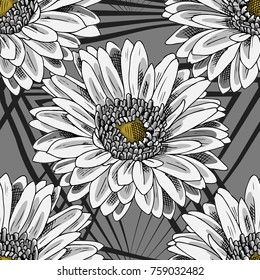 Vector seamless pattern with flowers and geometric figures