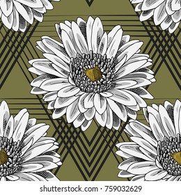 Vector seamless pattern with flowers and geometric figures