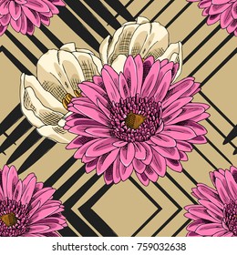 Vector seamless pattern with flowers and geometric figures