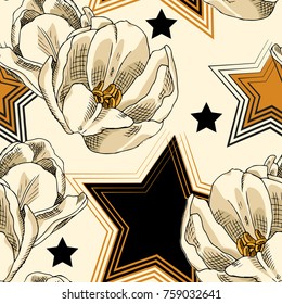 Vector seamless pattern with flowers and geometric figures 