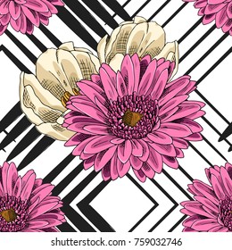 Vector seamless pattern with flowers and geometric figures