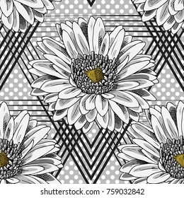 Vector seamless pattern with flowers and geometric figures 