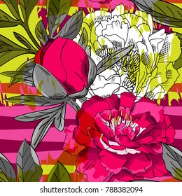 Vector seamless pattern with flowers and geometric figures. 