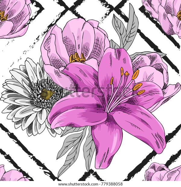 Vector Seamless Pattern Flowers Geometric Figures Stock Vector (Royalty