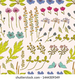 Vector seamless pattern with flowers and grass, hand drawn vector illustration. Seamless pattern can be used for wallpaper, pattern fills, web page background, surface textures.