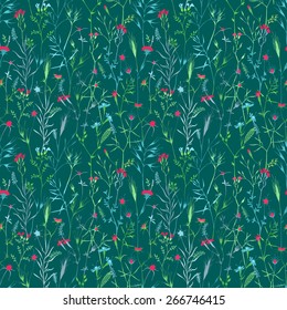 Vector seamless pattern of flowers and grass. Natural background. Vector illustration.