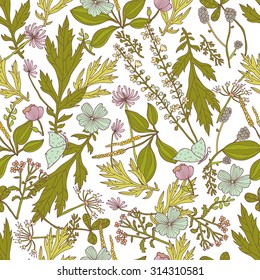 Vector seamless pattern with flowers and grass, hand drawn vector illustration. Seamless pattern can be used for wallpaper, pattern fills, web page background, surface textures.