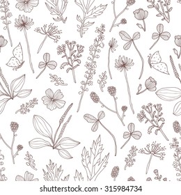 Vector seamless pattern with flowers and grass, hand drawn vector illustration. Seamless pattern can be used for wallpaper, pattern fills, web page background, surface textures.