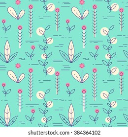 Vector seamless pattern with flowers and grass. Linear nature icons on green background