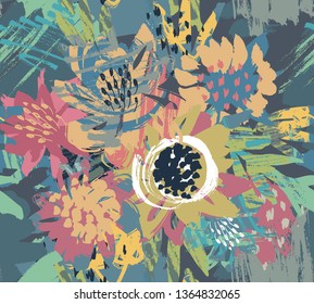 Vector seamless pattern with flowers and hand painted texture. Artistic abstract floral endless background