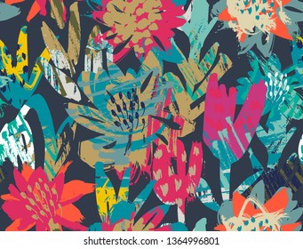 Vector seamless pattern with flowers and hand painted texture. Artistic abstract floral endless background