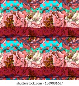 Vector seamless pattern with flowers. Hand drawn illustration of tulips and peonies.