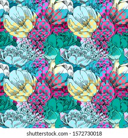 Vector seamless pattern with flowers. Hand drawn illustration of tulips and peonies.