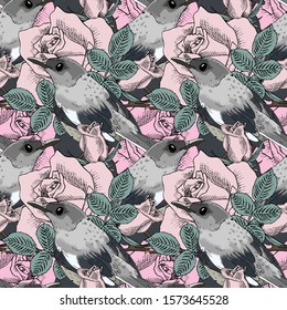 Vector seamless pattern with flowers. Hand drawn illustration of roses and birds.