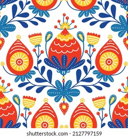 Vector seamless pattern with flowers. Hand drawn illustration in flat style. Floral folk background. Decorative plants with leaves and berries.