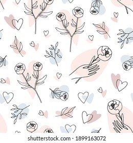 Vector seamless pattern with flowers, hearts, hands. Hand drawn linear illustration. Repeat ornament is perfect for valentine, engagement, betrothal, marriage, wedding banner, fabric textile