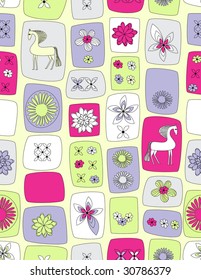 vector seamless pattern with flowers and horse