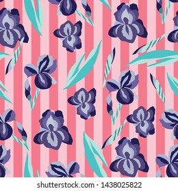 Vector Seamless pattern with flowers irises on the striped background. Design for fabric, decor, surface textures, textile