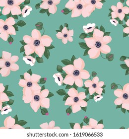 vector seamless pattern of flowers  in a jade background. 