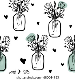 Vector seamless pattern with flowers in jar and hearts.  Sketch style vector illustration, hand drawn, minimalistic outline vector. Gardening. Monochrome floral botany texture for textile, paper