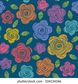 Vector seamless pattern with flowers and leaves of doodles made using stencil. Abstract bright summery simple illustration. Floral colorful background in hand draw childish style.