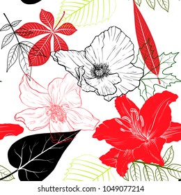 vector seamless pattern with flowers and leaves, floral background, hand drawn illustration