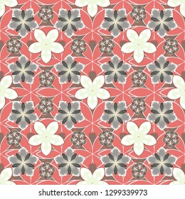 Vector seamless pattern with flowers and leaves in beige, gray and pink colors. Textile print for bed linen, jacket, package design, fabric and fashion concepts. Watercolor effect. Floral background.