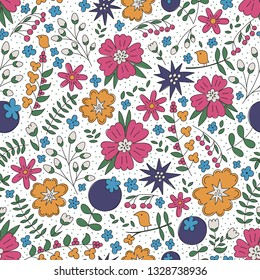 Vector seamless pattern with a lot of flowers, leaves and dots. Vector floral wallpaper.
