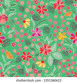 Vector seamless pattern with flowers and leaves. Great for fabrics, wallpaper, packaging.