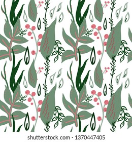 Vector seamless pattern with flowers, leaves and berries in soft colors on white background. Simple flat style.