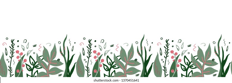 Vector seamless pattern with flowers, leaves and berries in soft colors on white background. Simple flat style.