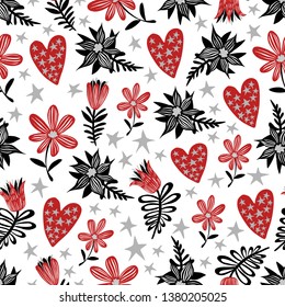 Vector seamless pattern with flowers, leaves and hearts. Cute kids design in warm pastel colors. Perfectly for wrapping paper, bed linen, textile, fabric, cover, wallpaper, fashion, kids clothing.