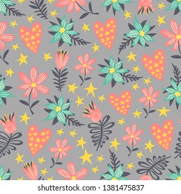 Vector seamless pattern with flowers, leaves and hearts. Cute kids design in warm pastel colors. Perfectly for wrapping paper, bed linen, textile, fabric, cover, wallpaper, fashion, kids clothing.