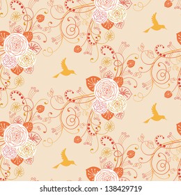 Vector seamless pattern with flowers, leaves and bird. Cute floral light background. Stylized garden with branches of blooming tree in warm tints. Abstract ornamental decorative texture for print, web