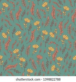 Vector seamless pattern with flowers, leaves and hearts. Cute kids design in warm pastel colors. Perfectly for wrapping paper, bed linen, textile, fabric, cover, wallpaper, fashion, kids clothing.