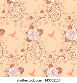 Vector seamless pattern with flowers, leaves and bird. Cute floral background. Light illustration of stylized garden, branches of blooming tree. Abstract ornamental decorative texture for print, web