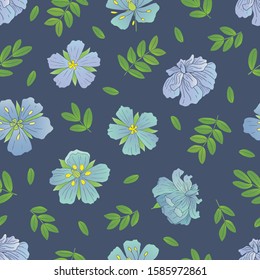 Vector seamless pattern with flowers and leaves on a blue background