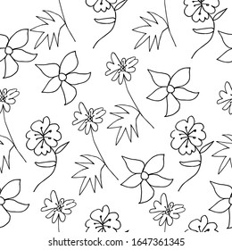Vector seamless pattern with flowers and leaves. Summer print with black line art hand drawn 