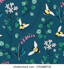 Vector seamless pattern.  Flowers, leaves, bumblebees on a dark blue background.  Pink bells.  White flowers.  For the design of wallpaper, fabric, paper.