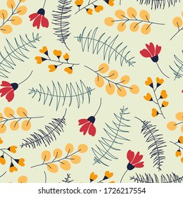 Vector seamless pattern with flowers, leaves, branches. Floral pattern for surface design. Illustration with simple plants