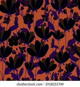 vector seamless pattern flowers and leaves at night on a dark background
