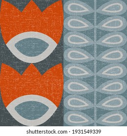 Vector seamless pattern with flowers and leaves in scandinavian design style. Retro mid century modern inspired background in pastel vintage colors with isolated linen woven cloth texture. 