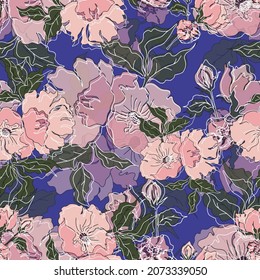 vector seamless pattern flowers with leaves. Botanical illustration for wallpaper, textile, fabric, clothing, paper, postcards
