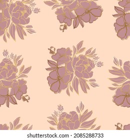 vector seamless pattern flowers with leaves. Botanical illustration for wallpaper, textile, fabric, clothing, paper, postcards