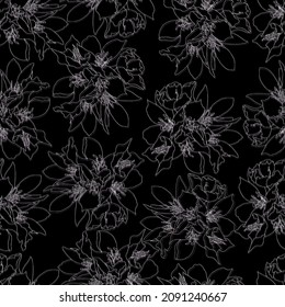 vector seamless pattern flowers with leaves. Botanical illustration for wallpaper, textile, fabric, clothing, paper, postcards